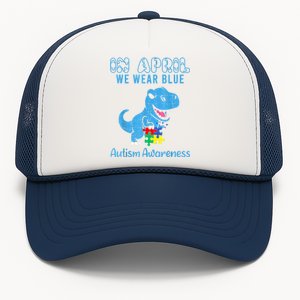 In April We Wear Blue Autism Awareness Month Dinosaur Trucker Hat