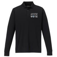 I Am Woman Watch Me Vote Vintage Performance Long Sleeve Polo