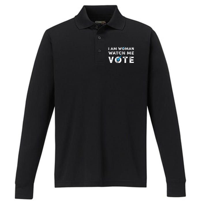 I Am Woman Watch Me Vote Vintage Performance Long Sleeve Polo