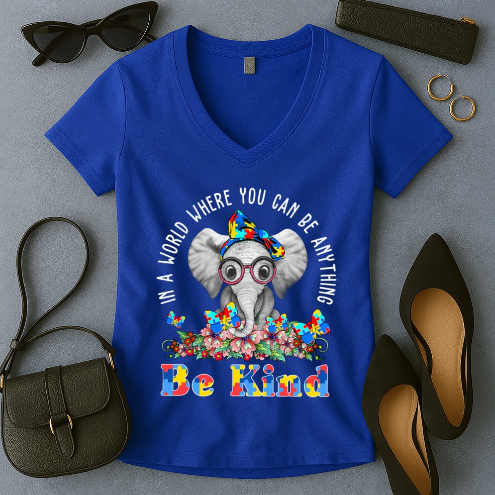 In A World Where You Can Be Anything Be Kind Autism Elephant Women's V-Neck T-Shirt