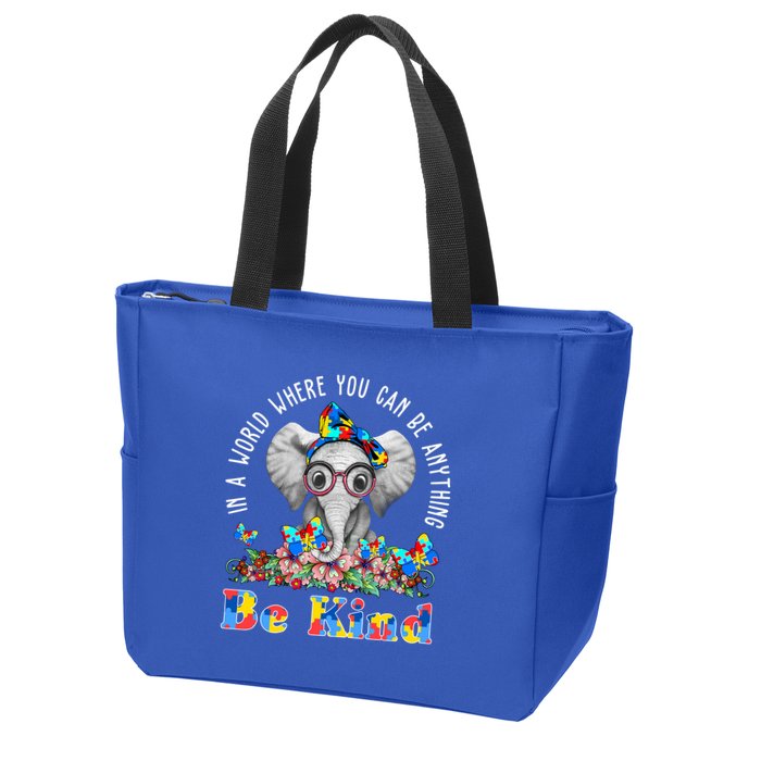 In A World Where You Can Be Anything Be Kind Autism Elephant Zip Tote Bag