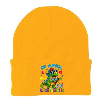 In April We Wear Blue Autism Awareness Month Dinosaur Trex Gift Knit Cap Winter Beanie