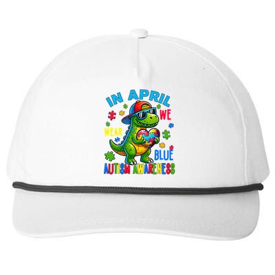 In April We Wear Blue Autism Awareness Month Dinosaur Trex Gift Snapback Five-Panel Rope Hat