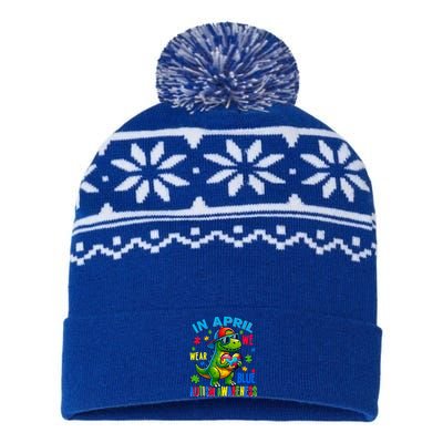 In April We Wear Blue Autism Awareness Month Dinosaur Trex Gift USA-Made Snowflake Beanie