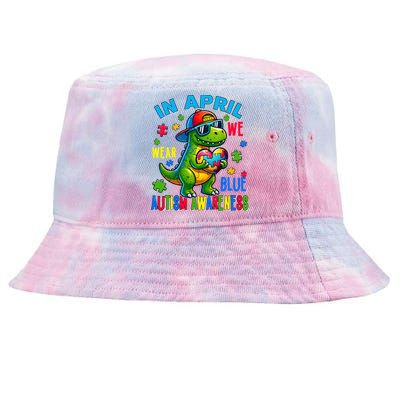 In April We Wear Blue Autism Awareness Month Dinosaur Trex Gift Tie-Dyed Bucket Hat