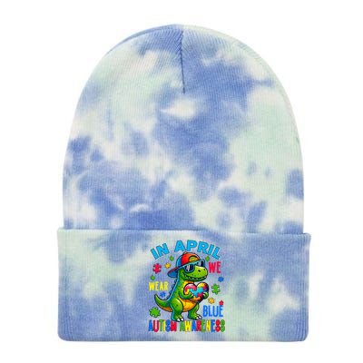 In April We Wear Blue Autism Awareness Month Dinosaur Trex Gift Tie Dye 12in Knit Beanie