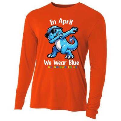 In April We Wear Blue Autism Awareness Month Dinosaur Trex Cool Gift Cooling Performance Long Sleeve Crew