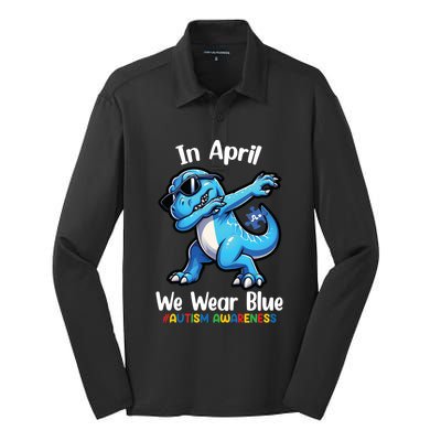 In April We Wear Blue Autism Awareness Month Dinosaur Trex Cool Gift Silk Touch Performance Long Sleeve Polo