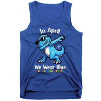 In April We Wear Blue Autism Awareness Month Dinosaur Trex Cool Gift Tank Top