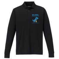 In April We Wear Blue ASD Awareness Dinosaur Performance Long Sleeve Polo