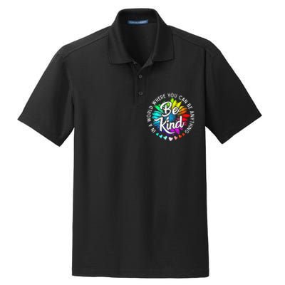 In A World Where You Can Be Anything Be Kind Rainbow Flower Dry Zone Grid Polo