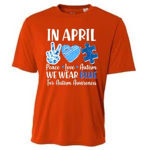 In April We Wear Blue Peace Love Autism Awareness Cooling Performance Crew T-Shirt