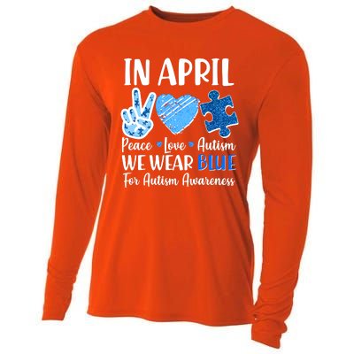 In April We Wear Blue Peace Love Autism Awareness Cooling Performance Long Sleeve Crew