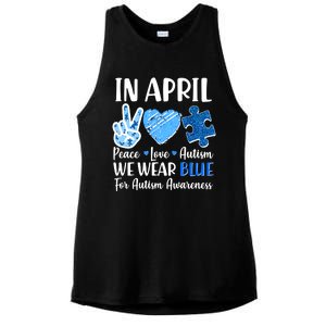 In April We Wear Blue Peace Love Autism Awareness Ladies PosiCharge Tri-Blend Wicking Tank