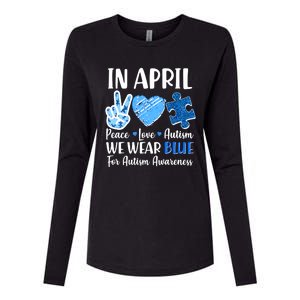 In April We Wear Blue Peace Love Autism Awareness Womens Cotton Relaxed Long Sleeve T-Shirt