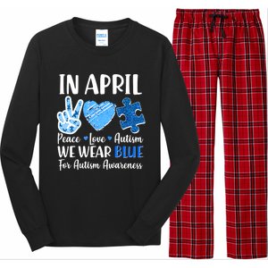 In April We Wear Blue Peace Love Autism Awareness Long Sleeve Pajama Set