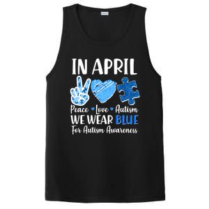 In April We Wear Blue Peace Love Autism Awareness PosiCharge Competitor Tank