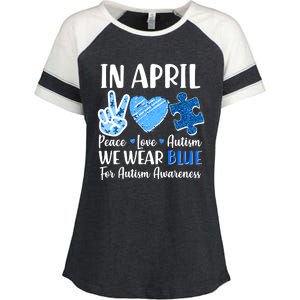 In April We Wear Blue Peace Love Autism Awareness Enza Ladies Jersey Colorblock Tee