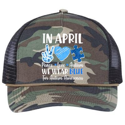 In April We Wear Blue Peace Love Autism Awareness Retro Rope Trucker Hat Cap