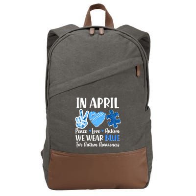 In April We Wear Blue Peace Love Autism Awareness Cotton Canvas Backpack