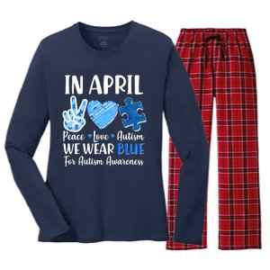 In April We Wear Blue Peace Love Autism Awareness Women's Long Sleeve Flannel Pajama Set 