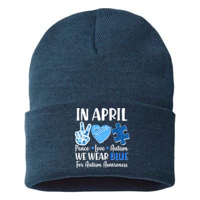 In April We Wear Blue Peace Love Autism Awareness Sustainable Knit Beanie