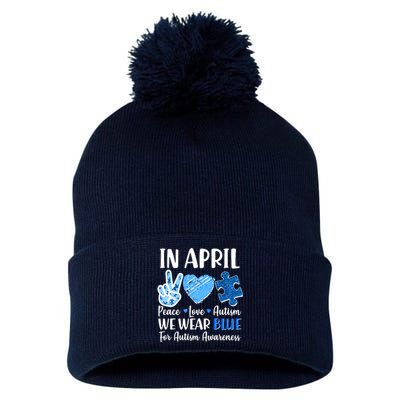 In April We Wear Blue Peace Love Autism Awareness Pom Pom 12in Knit Beanie