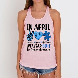 In April We Wear Blue Peace Love Autism Awareness Women's Knotted Racerback Tank