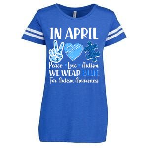 In April We Wear Blue Peace Love Autism Awareness Enza Ladies Jersey Football T-Shirt