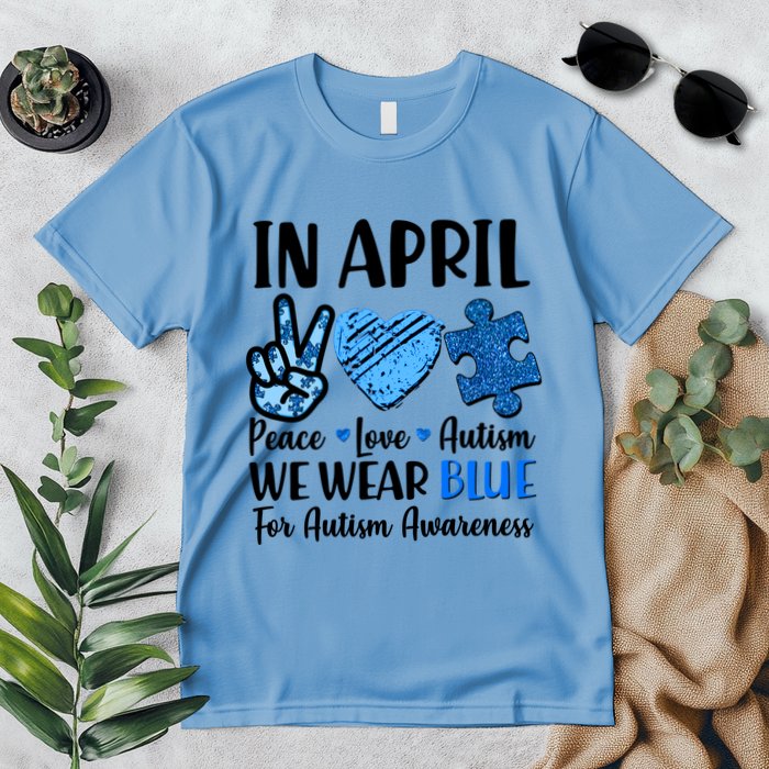 In April We Wear Blue Peace Love Autism Awareness Premium T-Shirt