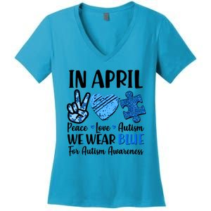 In April We Wear Blue Peace Love Autism Awareness Women's V-Neck T-Shirt