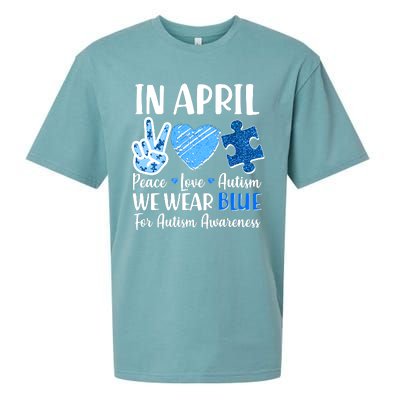 In April We Wear Blue Peace Love Autism Awareness Sueded Cloud Jersey T-Shirt