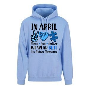 In April We Wear Blue Peace Love Autism Awareness Unisex Surf Hoodie