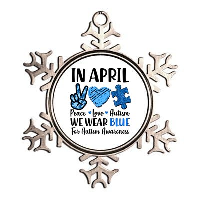 In April We Wear Blue Peace Love Autism Awareness Metallic Star Ornament