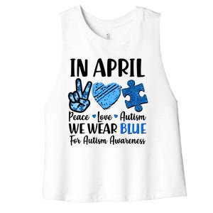 In April We Wear Blue Peace Love Autism Awareness Women's Racerback Cropped Tank