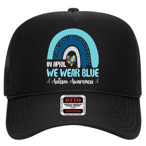 In April We Wear Blue Rainbow Autism Puzzle High Crown Mesh Back Trucker Hat