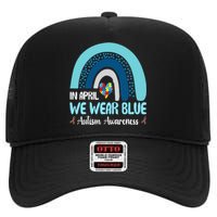 In April We Wear Blue Rainbow Autism Puzzle High Crown Mesh Back Trucker Hat