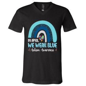 In April We Wear Blue Rainbow Autism Puzzle V-Neck T-Shirt