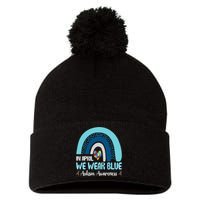 In April We Wear Blue Rainbow Autism Puzzle Pom Pom 12in Knit Beanie