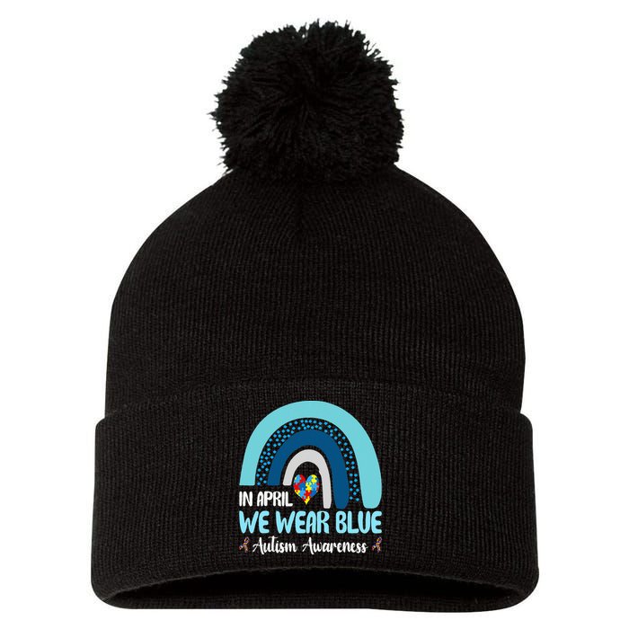 In April We Wear Blue Rainbow Autism Puzzle Pom Pom 12in Knit Beanie