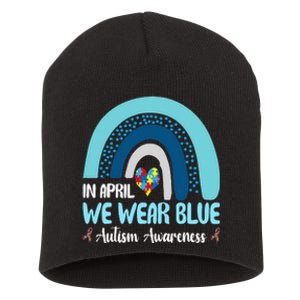 In April We Wear Blue Rainbow Autism Puzzle Short Acrylic Beanie