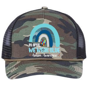 In April We Wear Blue Rainbow Autism Puzzle Retro Rope Trucker Hat Cap