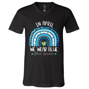 In April We Wear Blue Rainbow Autism Puzzle V-Neck T-Shirt