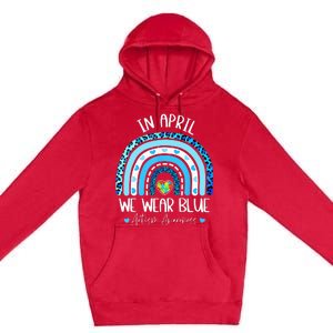 In April We Wear Blue Rainbow Autism Puzzle Premium Pullover Hoodie