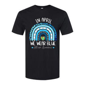 In April We Wear Blue Rainbow Autism Puzzle Softstyle CVC T-Shirt