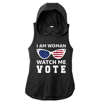 I Am Woman Watch Me Vote Ladies PosiCharge Tri-Blend Wicking Draft Hoodie Tank