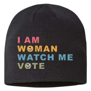 I Am Woman Watch Me Vote For Kamala Harris President 2024 Sustainable Beanie