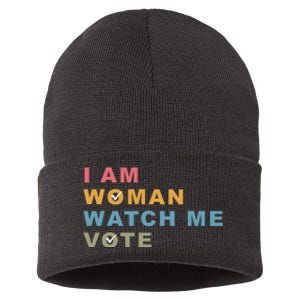 I Am Woman Watch Me Vote For Kamala Harris President 2024 Sustainable Knit Beanie