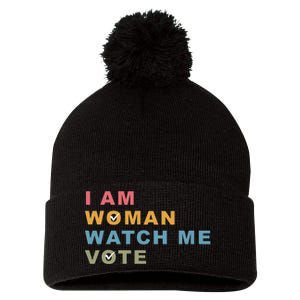 I Am Woman Watch Me Vote For Kamala Harris President 2024 Pom Pom 12in Knit Beanie