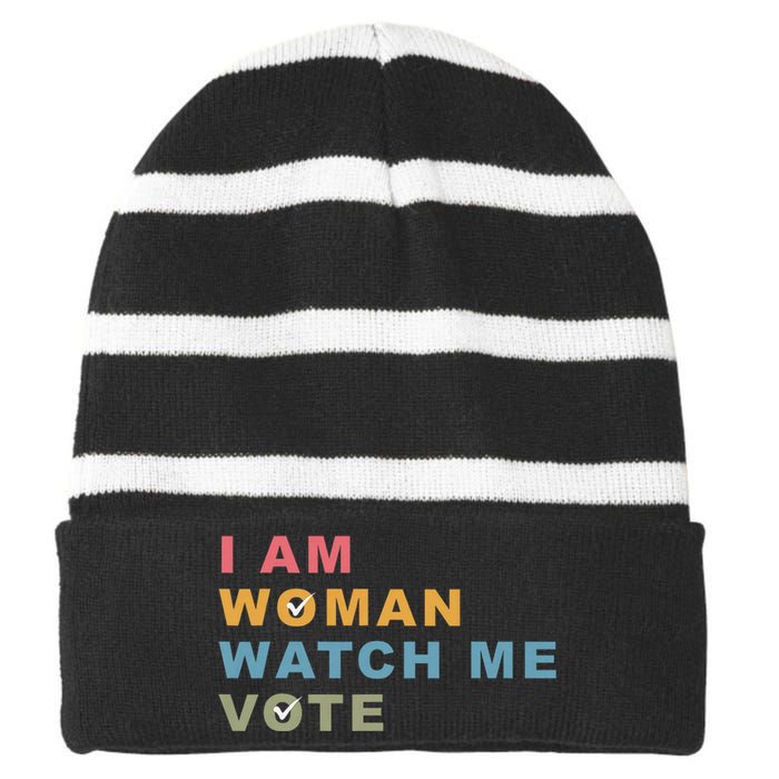 I Am Woman Watch Me Vote For Kamala Harris President 2024 Striped Beanie with Solid Band